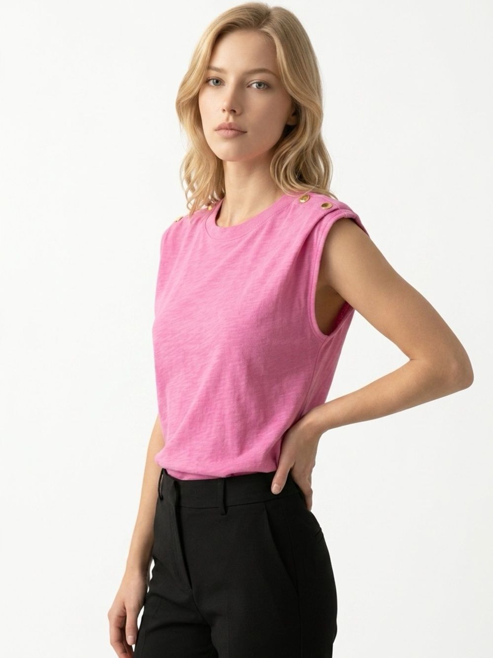 NATION | NEW Marina Muscle Tee Dahlia Pink Button-Shoulder Top Women’s Size S